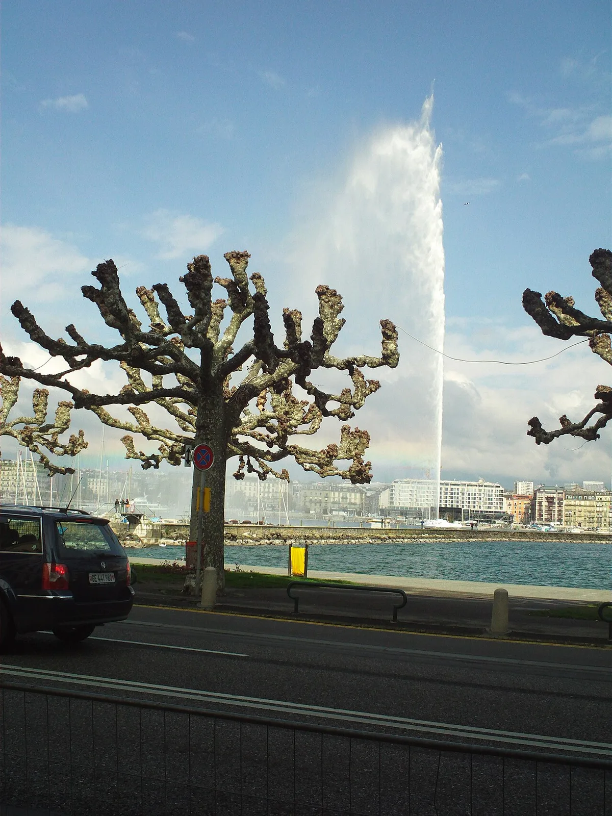 Het Jet d'Eau van Geneve schiet 140 meter omhoog boven het Genfermeer met de Alpen op de achtergrond